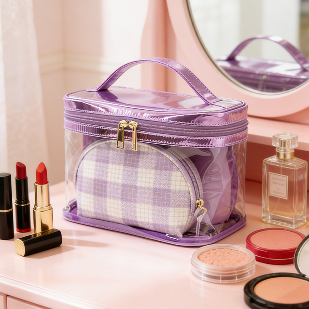 velvet & clear makeup bag set / 2 piece travel cosmetic organizer kit #2