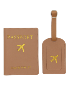 blush blue passport & luggage tag set / travel wallet with gold airplane accent