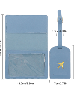 blush blue passport & luggage tag set / travel wallet with gold airplane accent