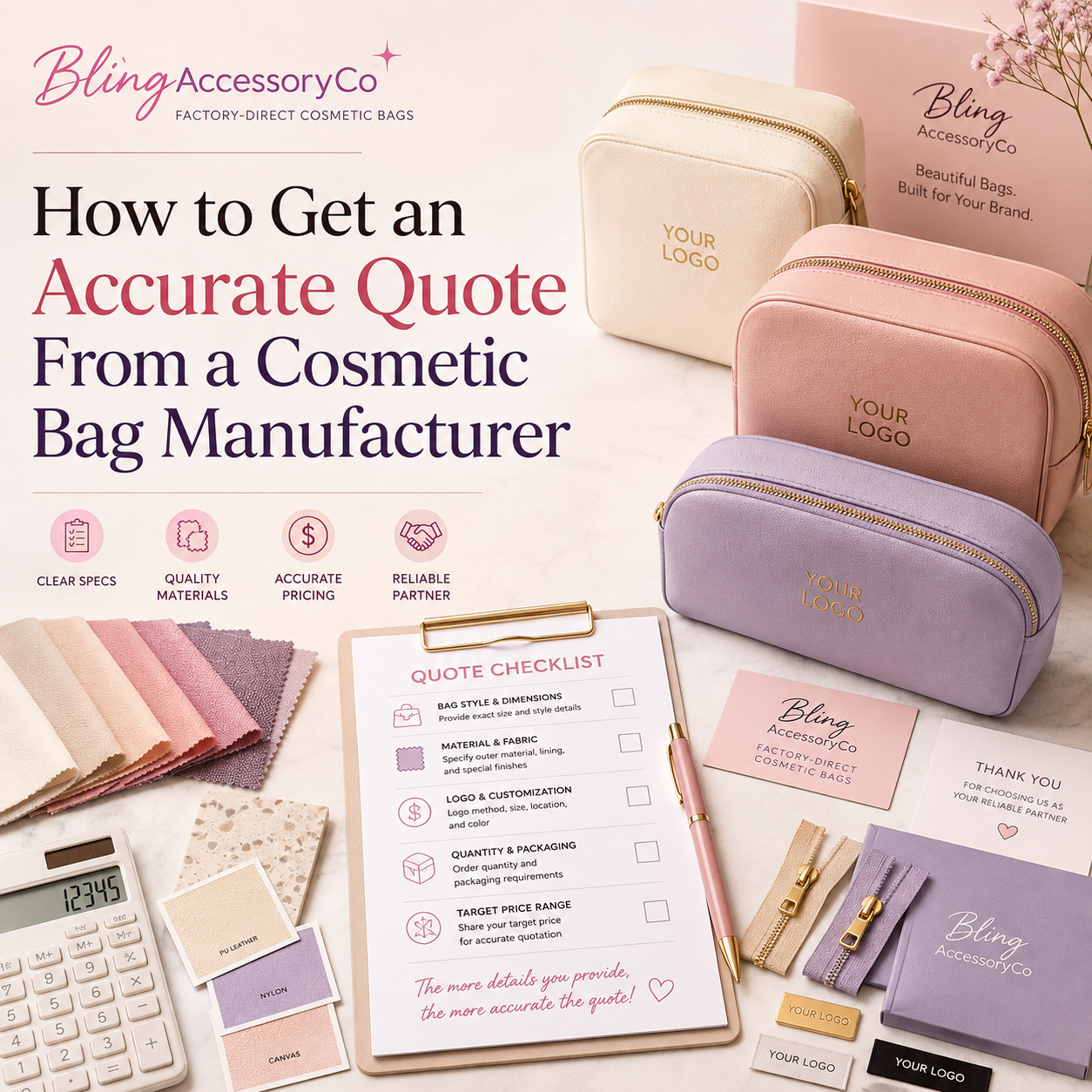 How to get an accurate quote from a cosmetic bag manufacturer cover image with RFQ checklist and cosmetic bag samples