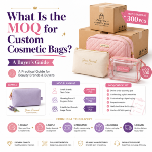 Custom cosmetic bag MOQ guide for beauty brands, Minimum order quantity for custom makeup bags, Low MOQ cosmetic bags with logo for private label brands, OEM cosmetic bag manufacturer MOQ planning, Custom cosmetic bag sampling and bulk production guide