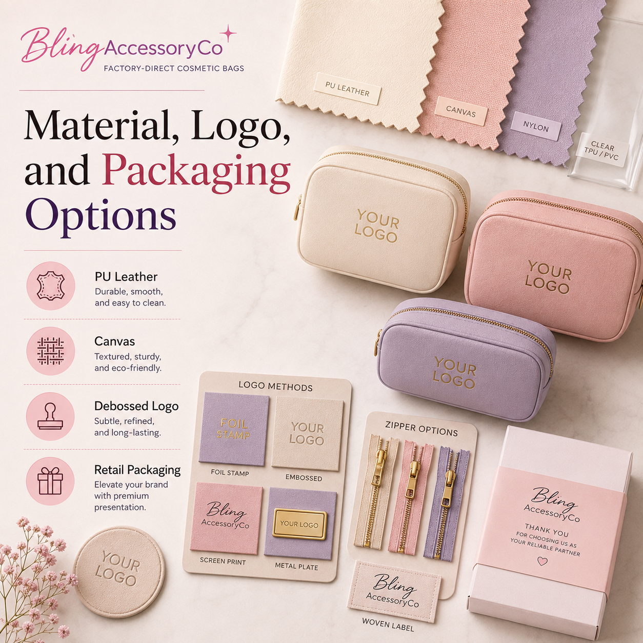 Beauty brand comparing cosmetic bag material swatches logo methods packaging and quotation options