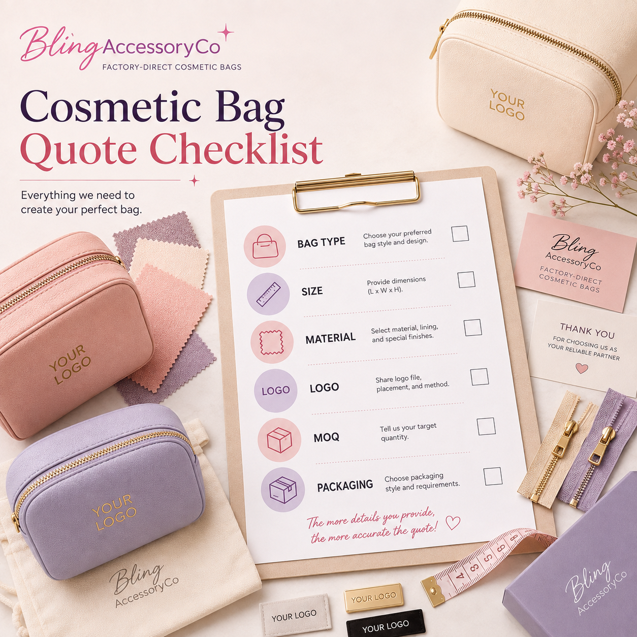 Cosmetic bag quote checklist with bag type size material logo MOQ packaging and timeline