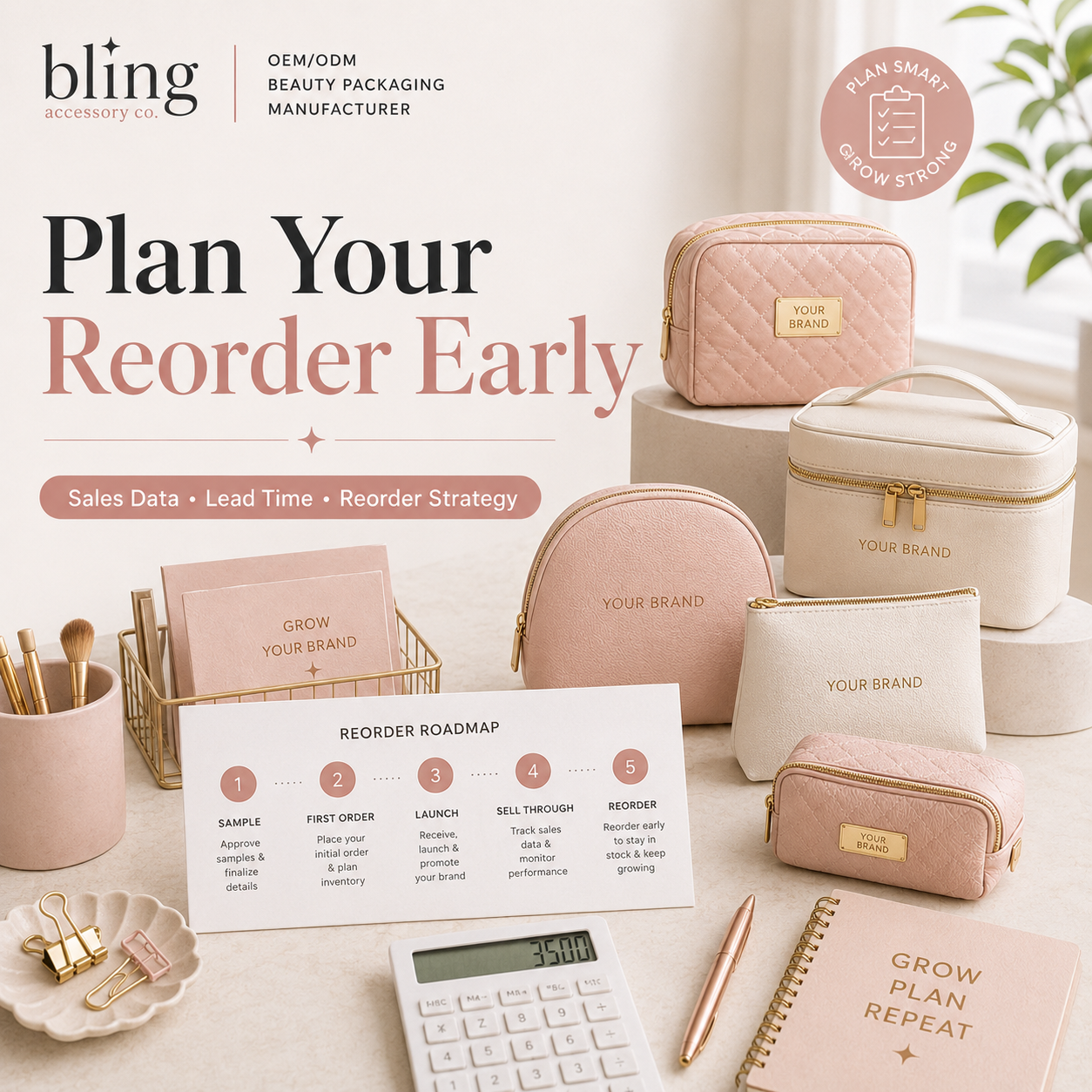 Cosmetic bag reorder strategy chart for low MOQ test order first order sales data and bulk production planning