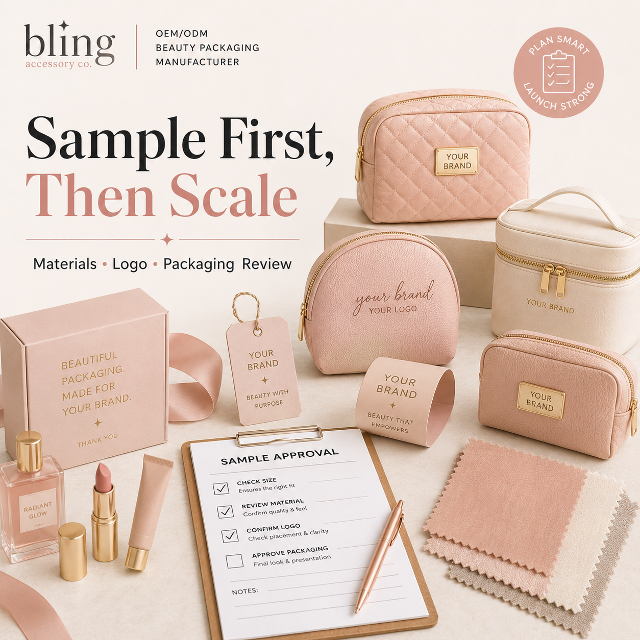 Custom cosmetic bag samples color options packaging and quantity planning for beauty startup