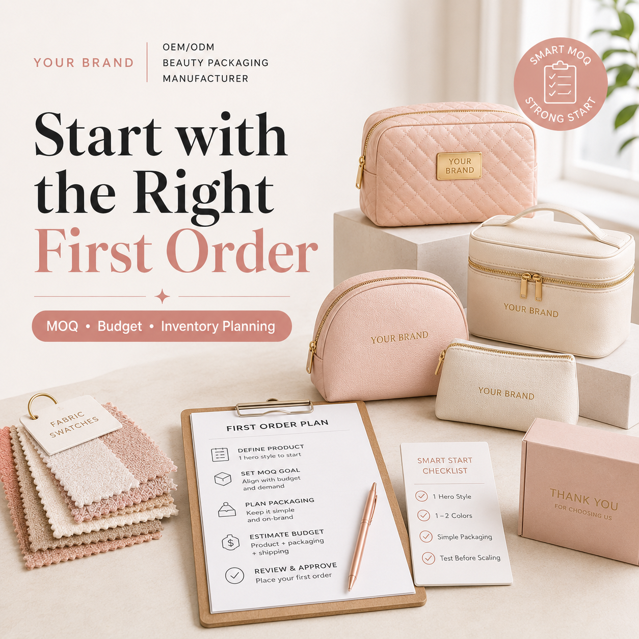 New beauty brand planning custom cosmetic bag first order quantity with MOQ budget inventory and packaging checklist