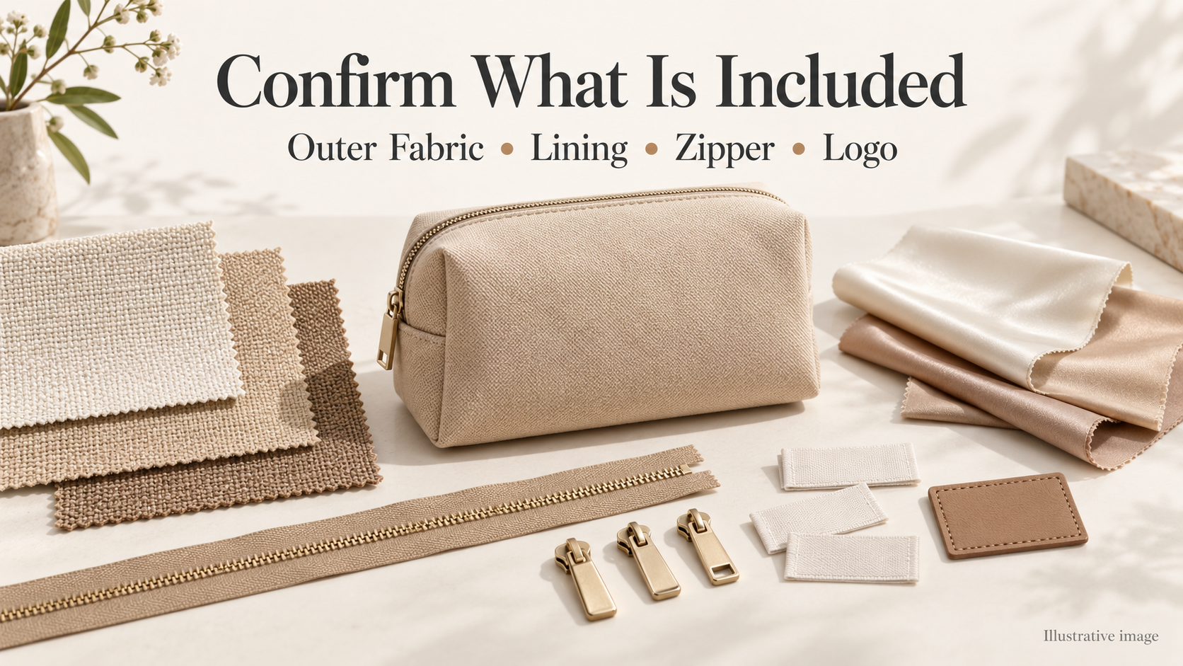 Beige cosmetic pouch surrounded by outer fabric swatches, satin lining, zipper components, woven labels, and a blank patch
