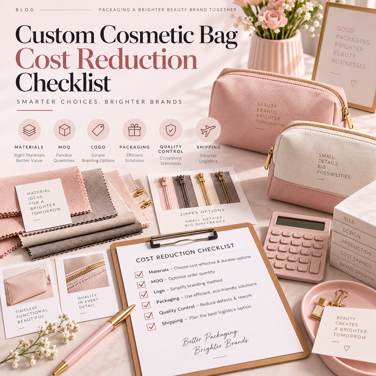 Cosmetic bag cost reduction checklist for materials MOQ logo packaging quality control and shipping