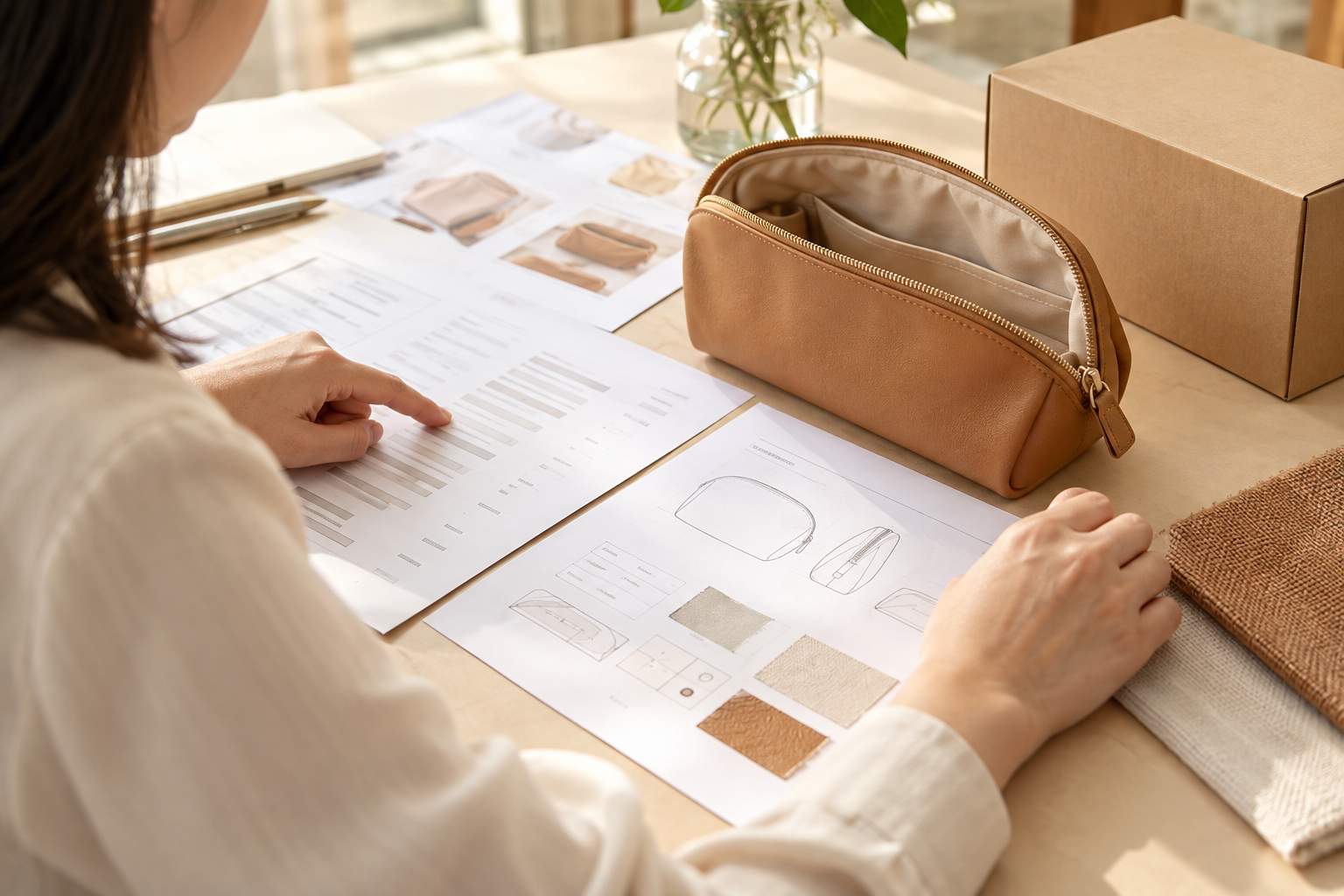 Buyer checking quotation and specification documents beside an open camel cosmetic pouch, material swatches, and a kraft packaging box.