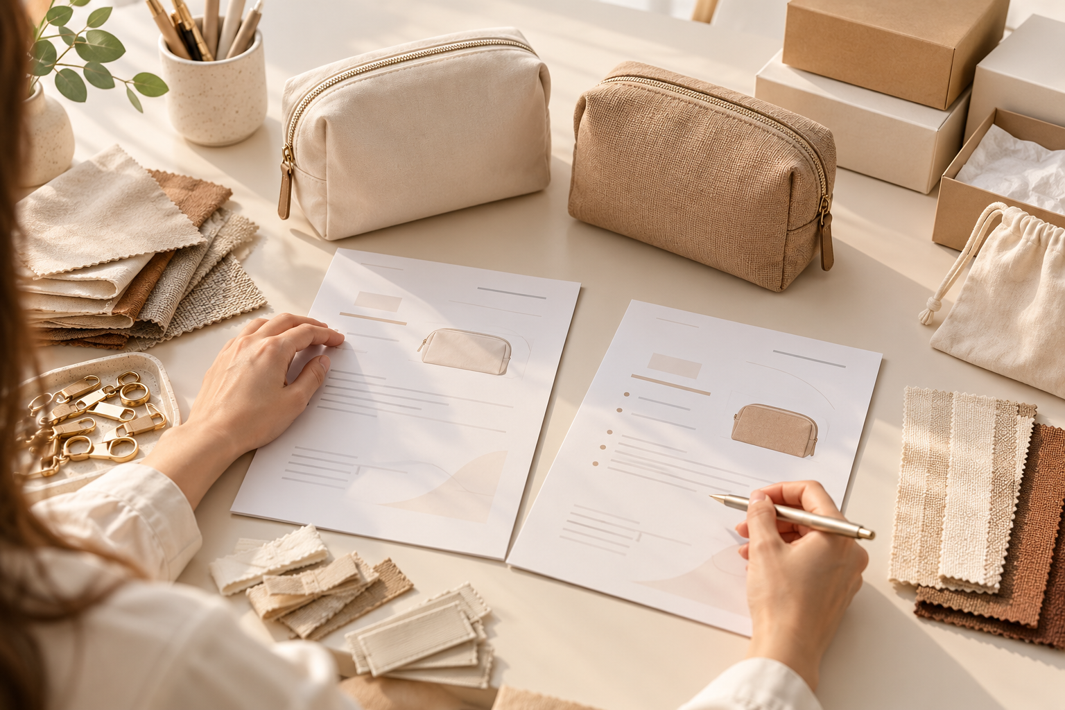 Buyer comparing quotation documents beside cosmetic pouch samples, packaging boxes, fabric swatches, woven labels, and metal accessories.