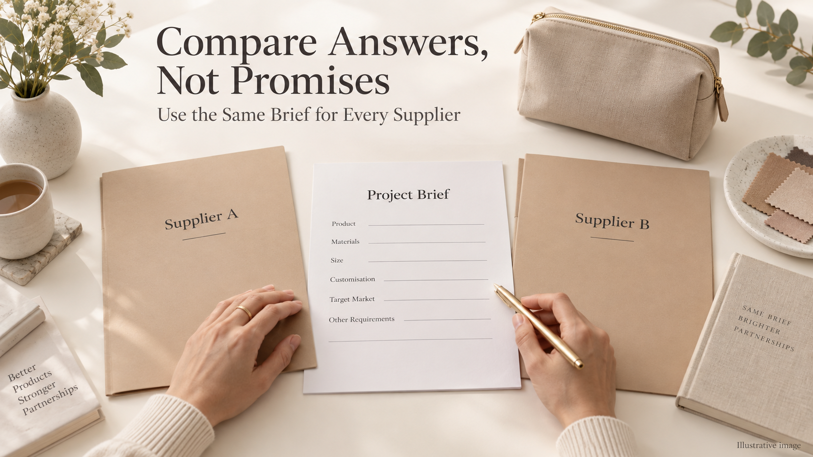 Buyer reviewing folders labeled Supplier A and Supplier B alongside a shared project brief and a beige cosmetic bag