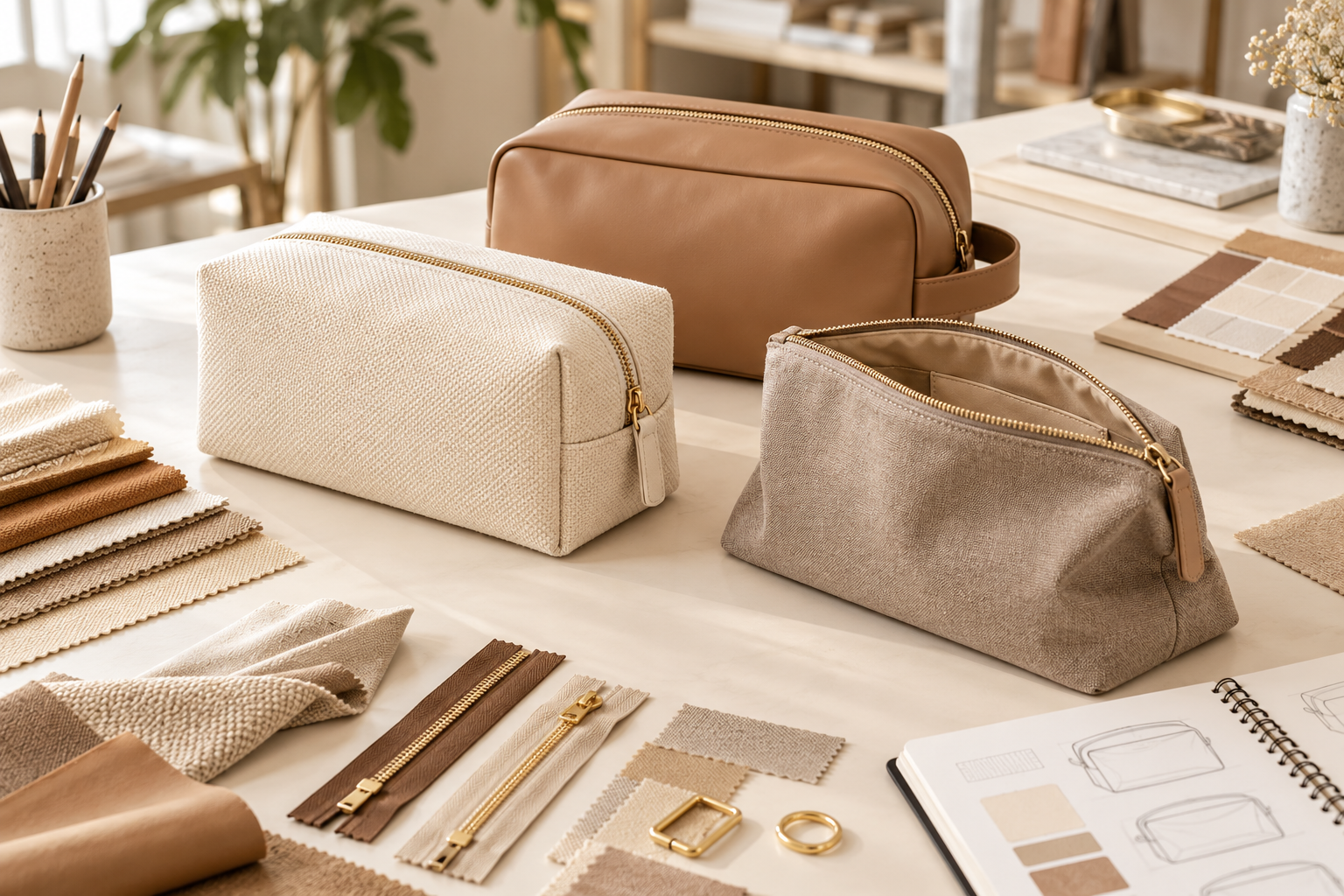 Cream and camel cosmetic bag samples with fabric swatches, zipper components, and a design notebook on a sourcing worktable.