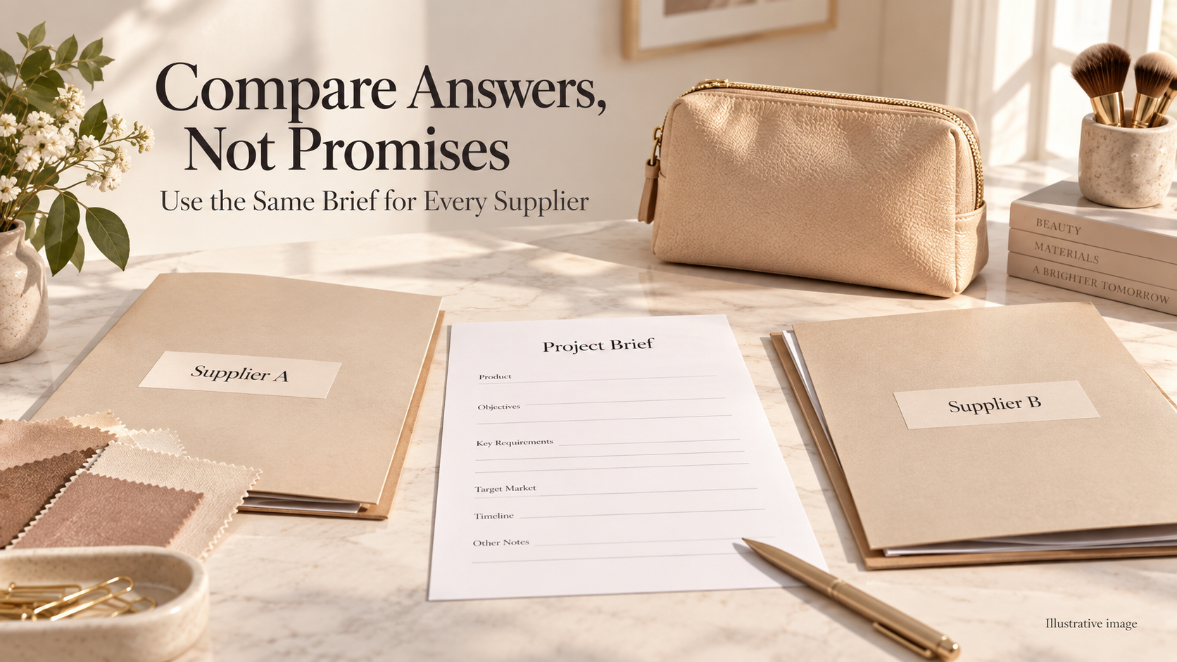 Folders labeled Supplier A and Supplier B beside a shared project brief, fabric swatches, and a cosmetic bag