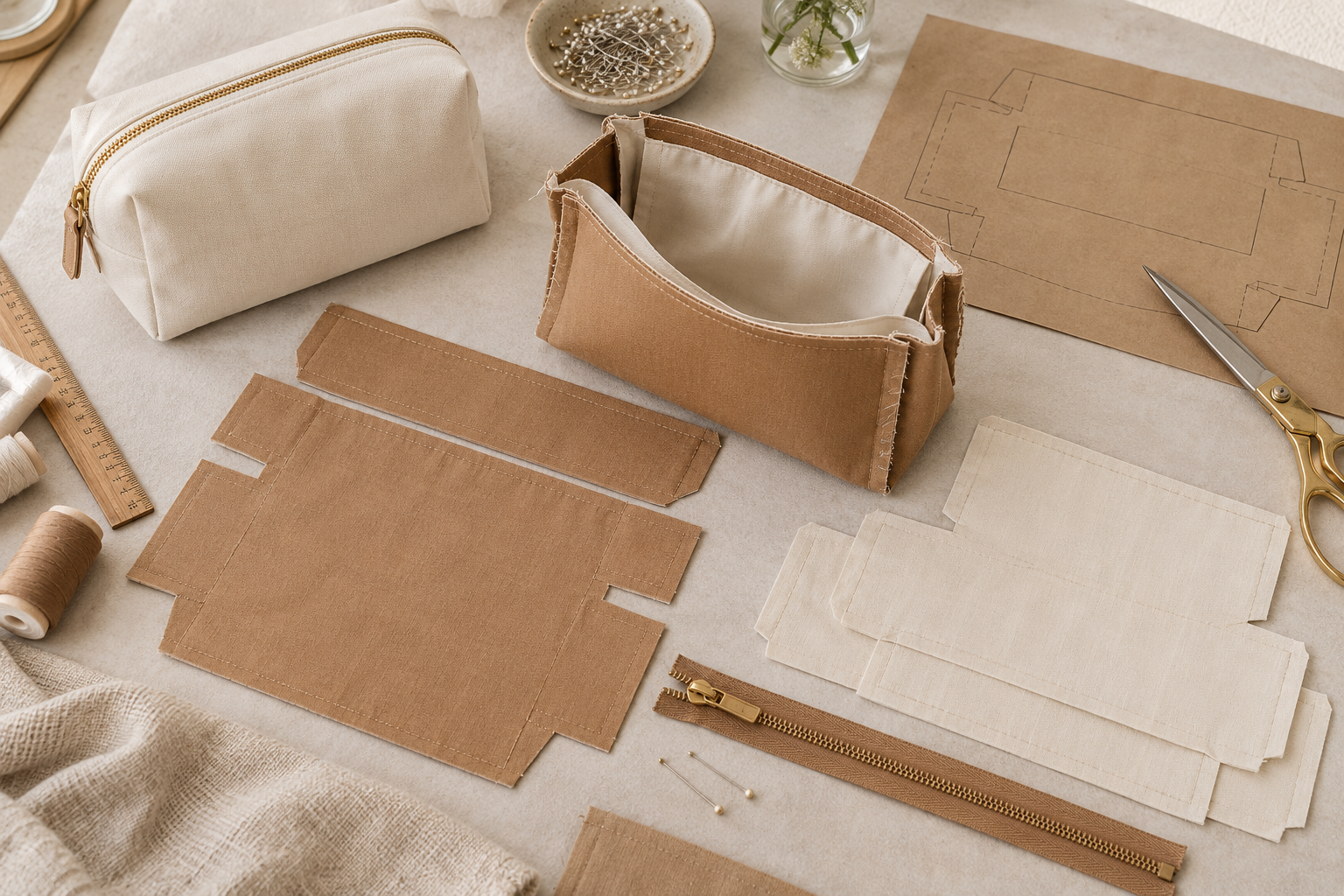 Partially assembled cosmetic pouch with outer fabric panels, lining pieces, a zipper, and a paper sewing pattern.