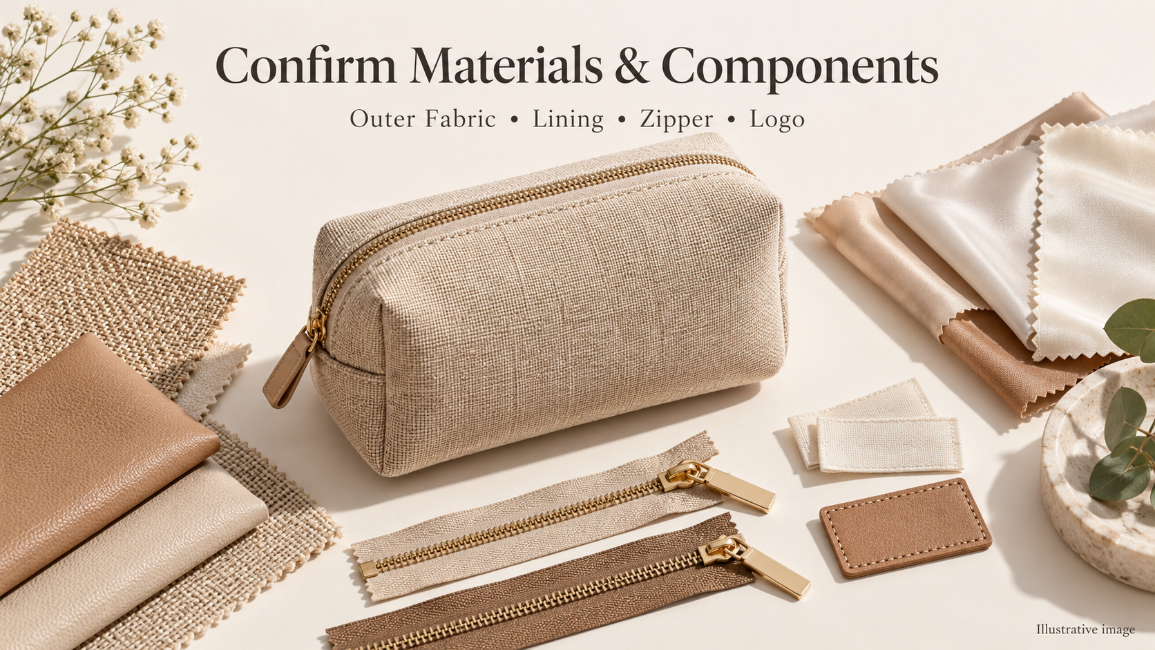 Cosmetic pouch surrounded by outer fabric swatches, lining samples, zippers, woven labels, and a blank leather patch