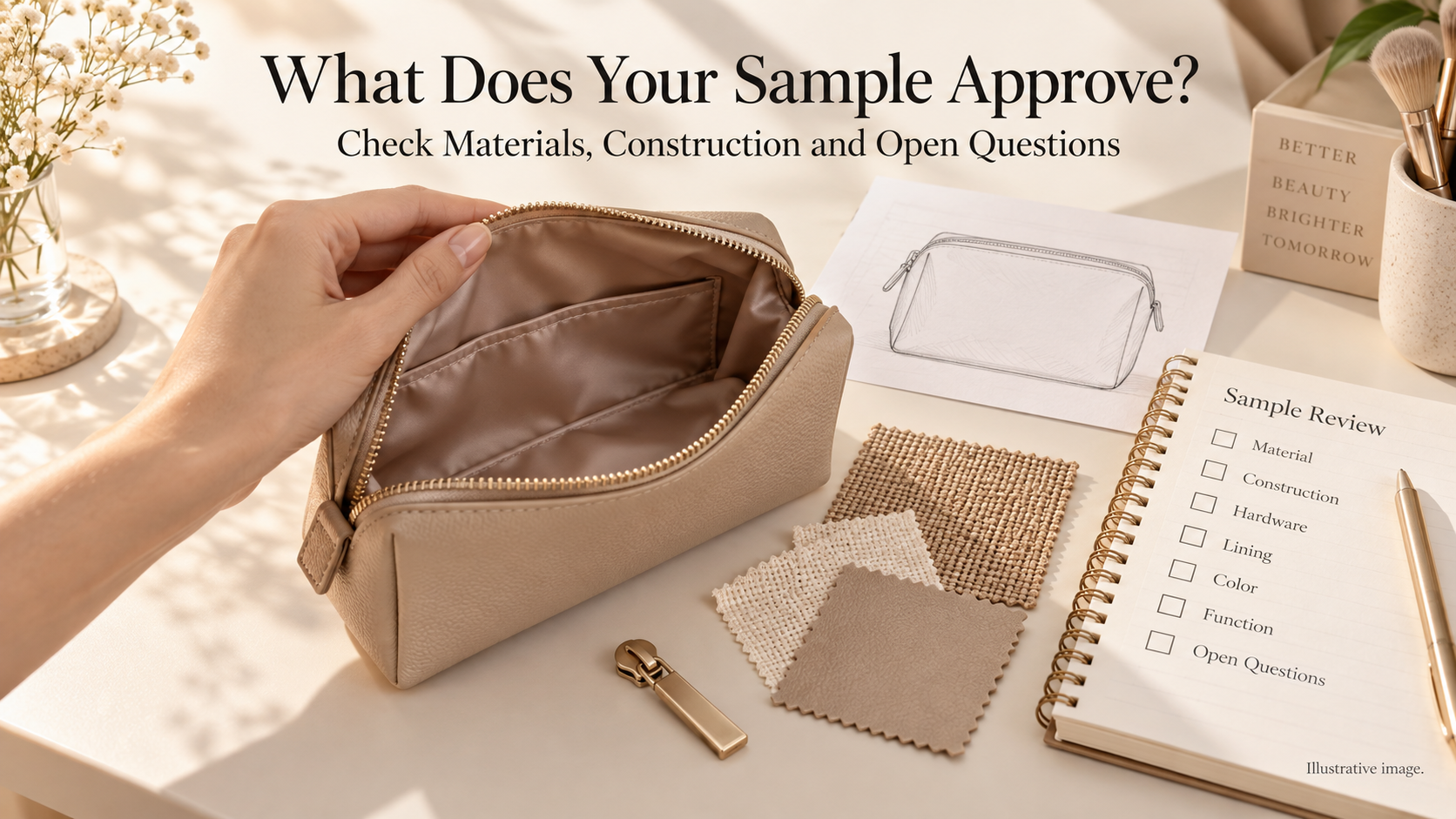 Hand opening a cosmetic bag to inspect its lining beside fabric swatches, a product sketch, and a sample review checklist
