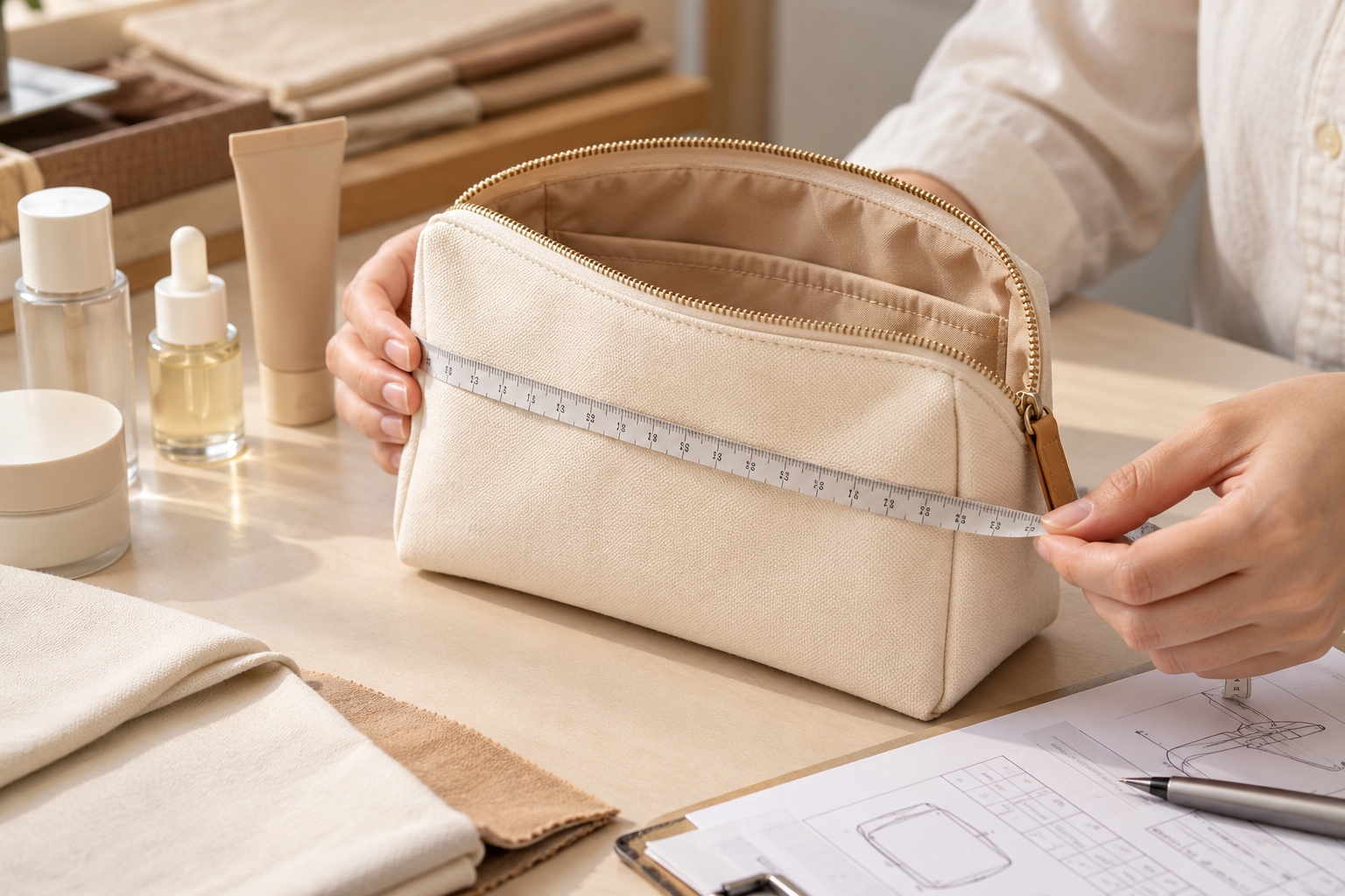 Hands measuring a cream cosmetic bag sample with its zipper open, showing the lining beside a specification sheet.