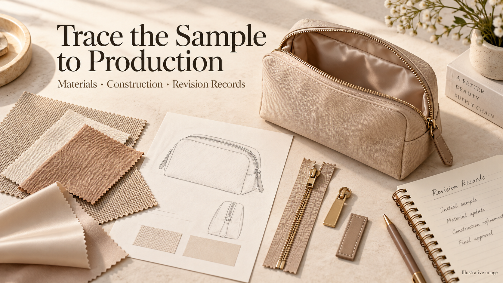 Illustration of an open cosmetic bag with lining swatches, zipper components, construction sketches, and revision notes