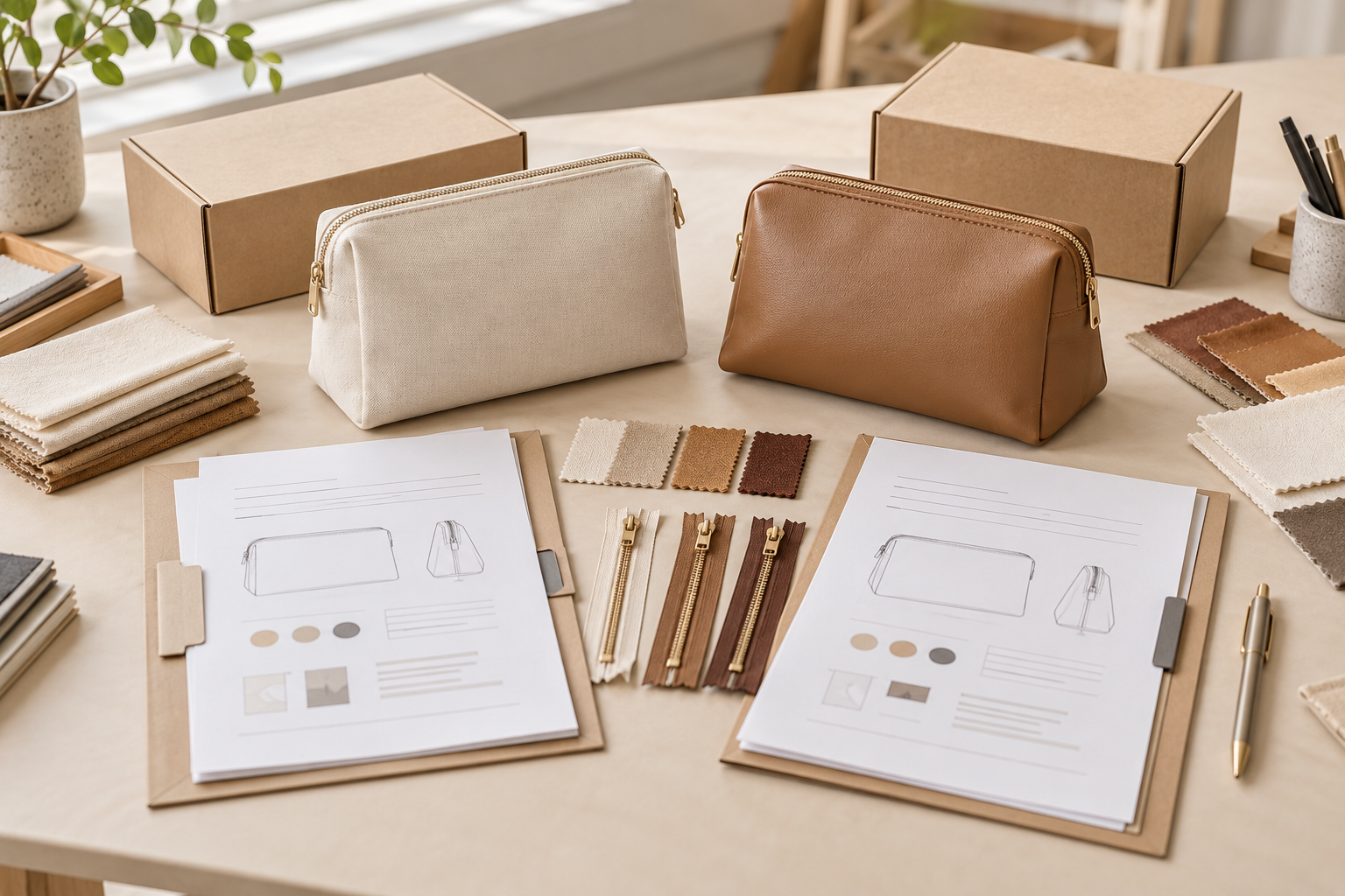 Cream and camel cosmetic bag samples with supplier quotation documents, fabric swatches, zipper components, and kraft packaging boxes.