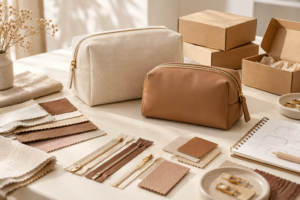 cosmetic bag samples with fabric swatches, zipper components, and packaging options on a beige sourcing table.