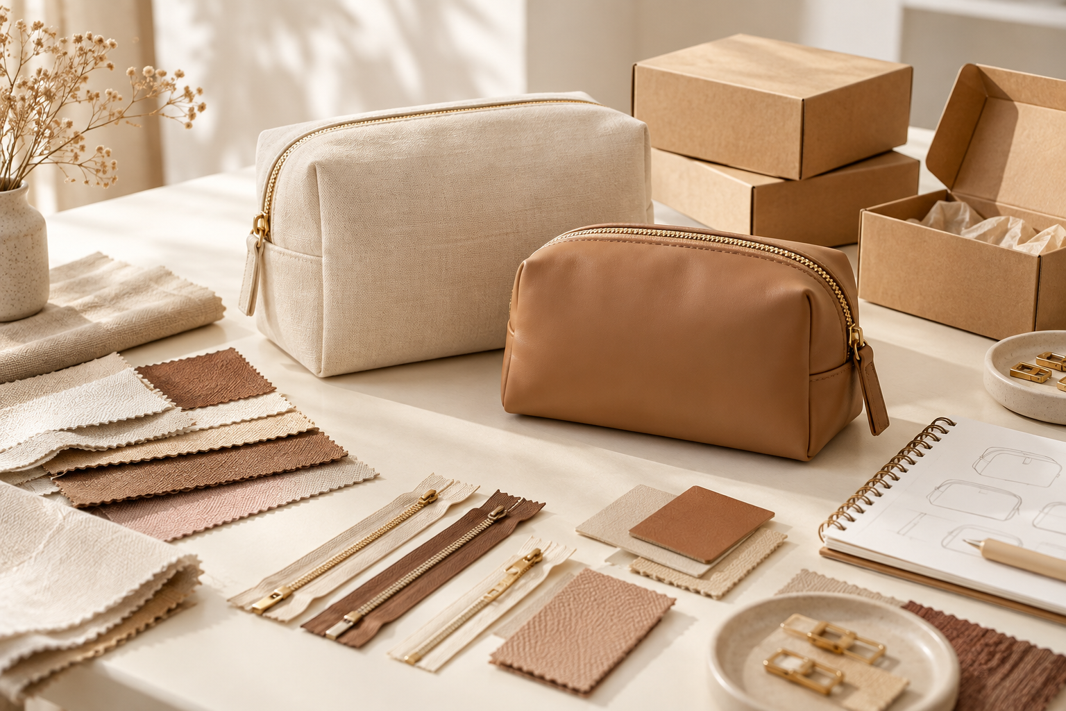 Cream and camel cosmetic bag samples with fabric swatches, zipper components, and kraft packaging boxes on a beige sourcing table.