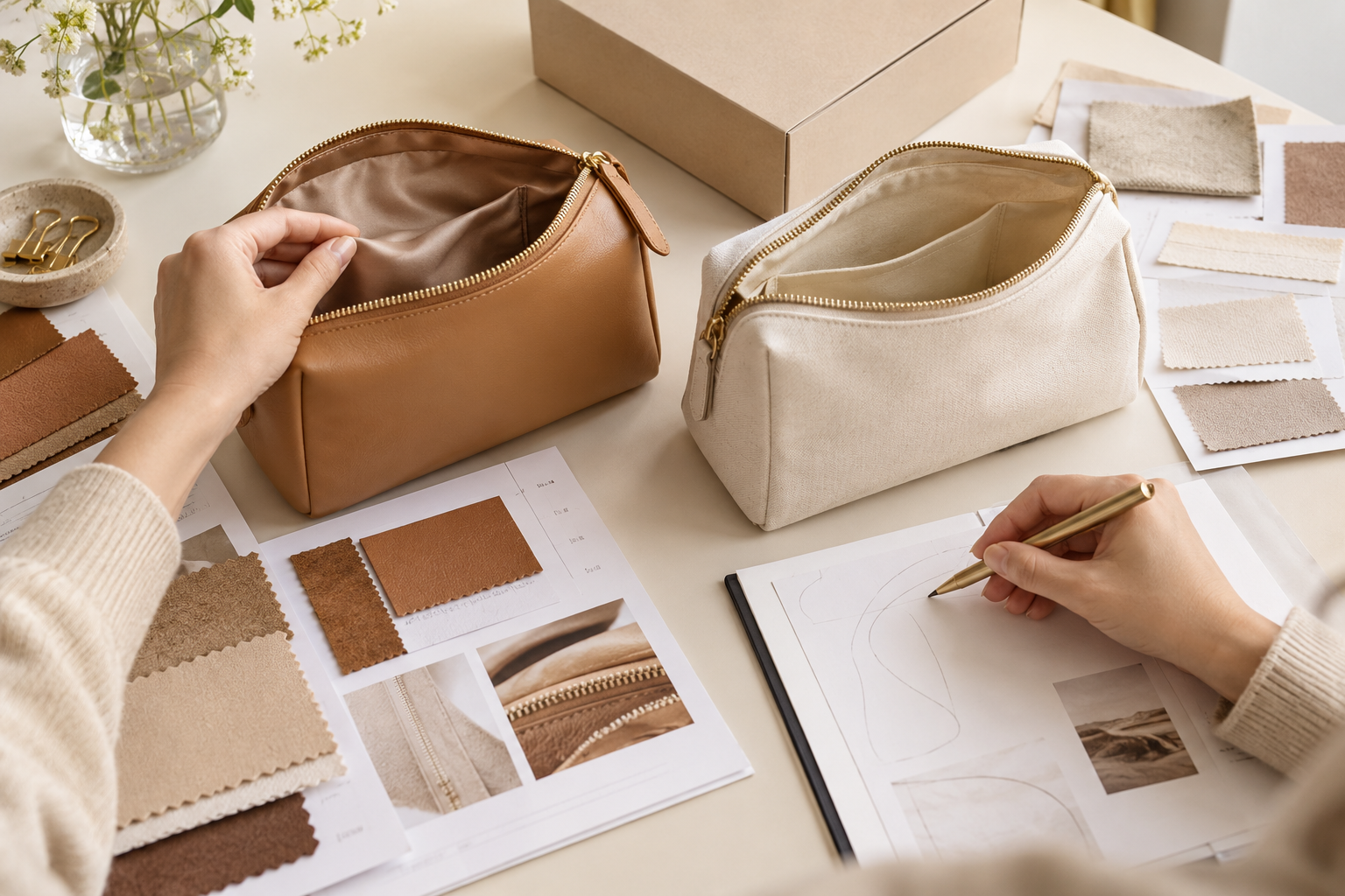 Buyer comparing camel and cream cosmetic bag samples, checking the lining and reviewing material swatches and sourcing notes.