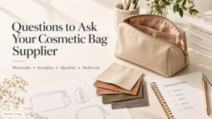 cosmetic bag with fabric swatches, product sketches, and a sourcing checklist covering materials, samples, quality, and delivery