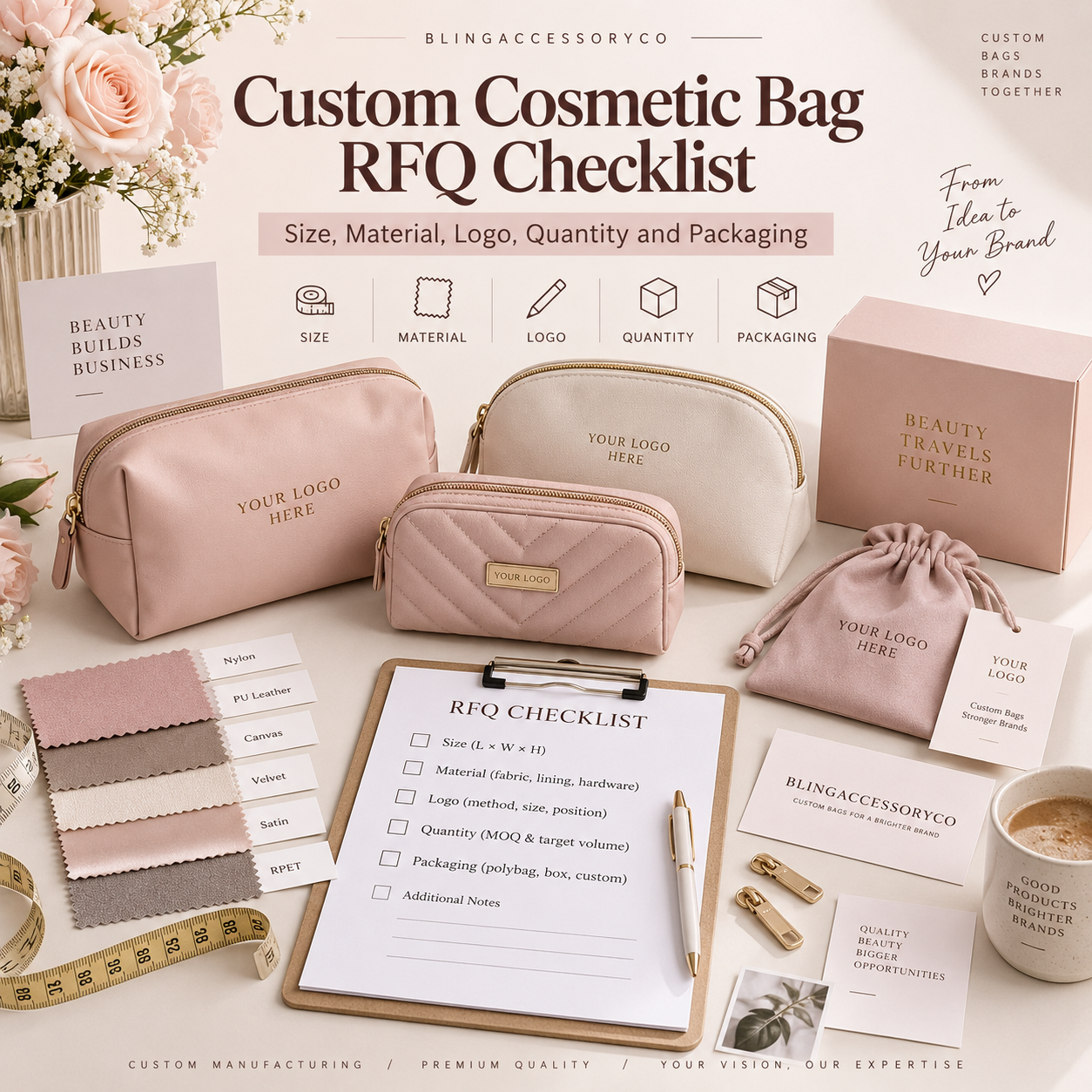 Custom cosmetic bag RFQ checklist cover image with size material logo quantity and packaging planning