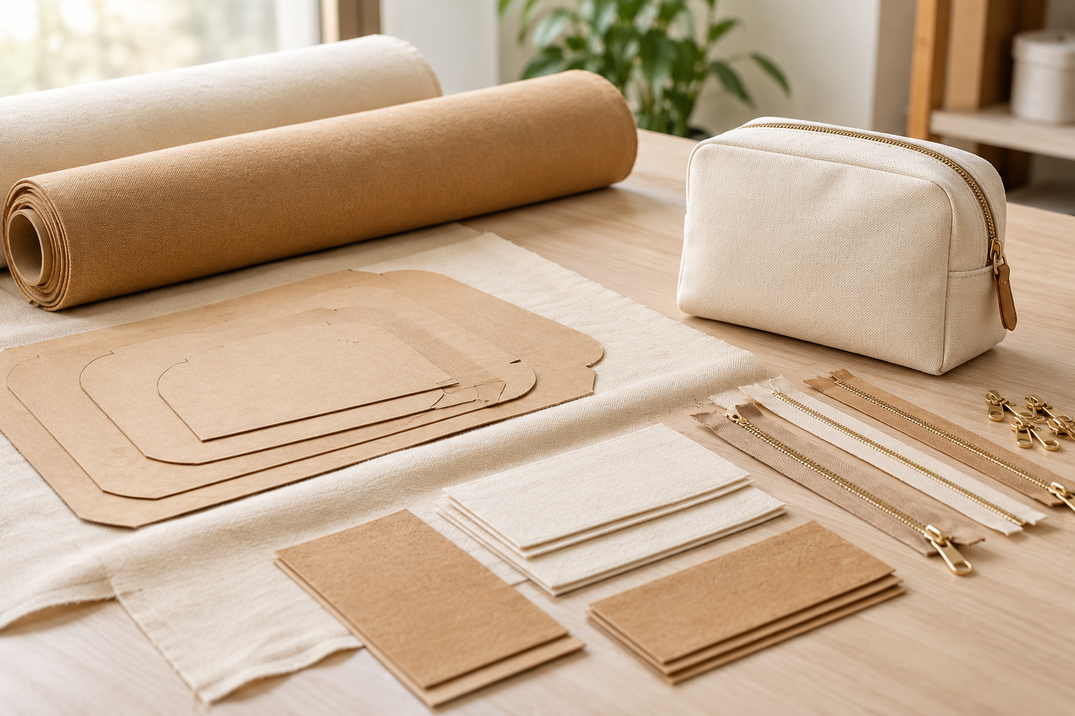 Cream and camel fabric rolls, paper cutting patterns, fabric panels, and zipper components beside a finished cosmetic pouch.