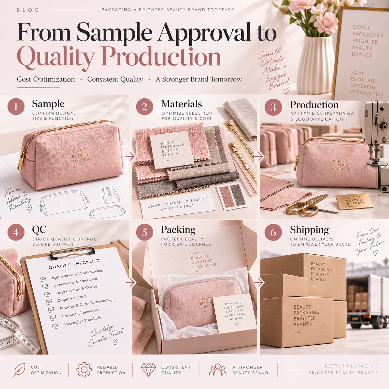 OEM cosmetic bag manufacturing process showing sample approval bulk production quality control and cost optimization