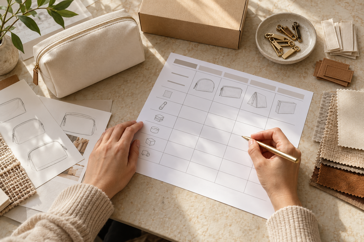 Buyer reviewing a quotation comparison worksheet beside a cream cosmetic pouch, kraft box, fabric swatches, labels, and metal zipper pulls.