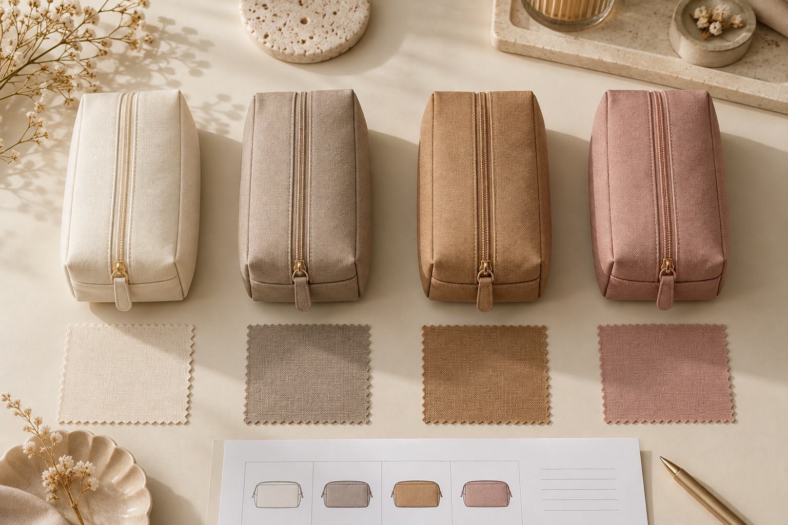 Four matching cosmetic pouches in cream, taupe, camel, and dusty rose arranged with corresponding fabric swatches and a variant planning sheet.