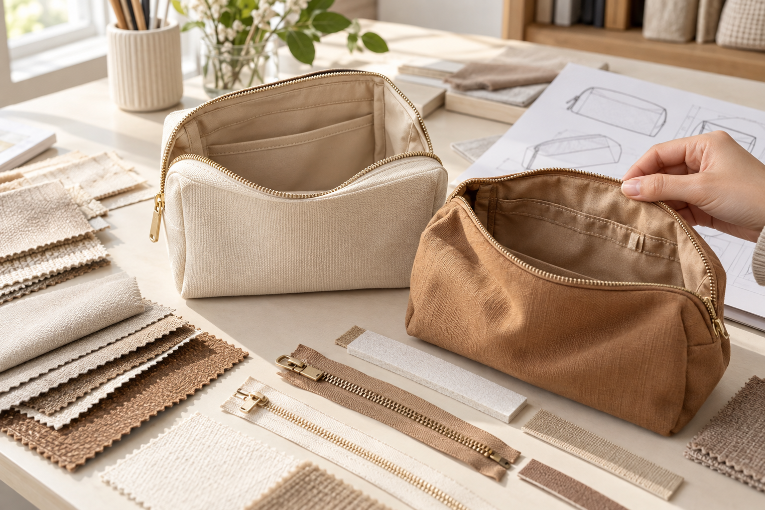 Open cream and camel cosmetic pouches showing lining and internal seams beside fabric swatches, zipper components, and reinforcement pieces.