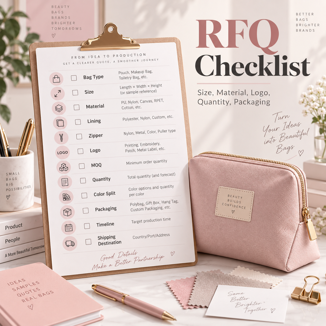 Cosmetic bag RFQ checklist showing product size material lining zipper logo MOQ and packaging details