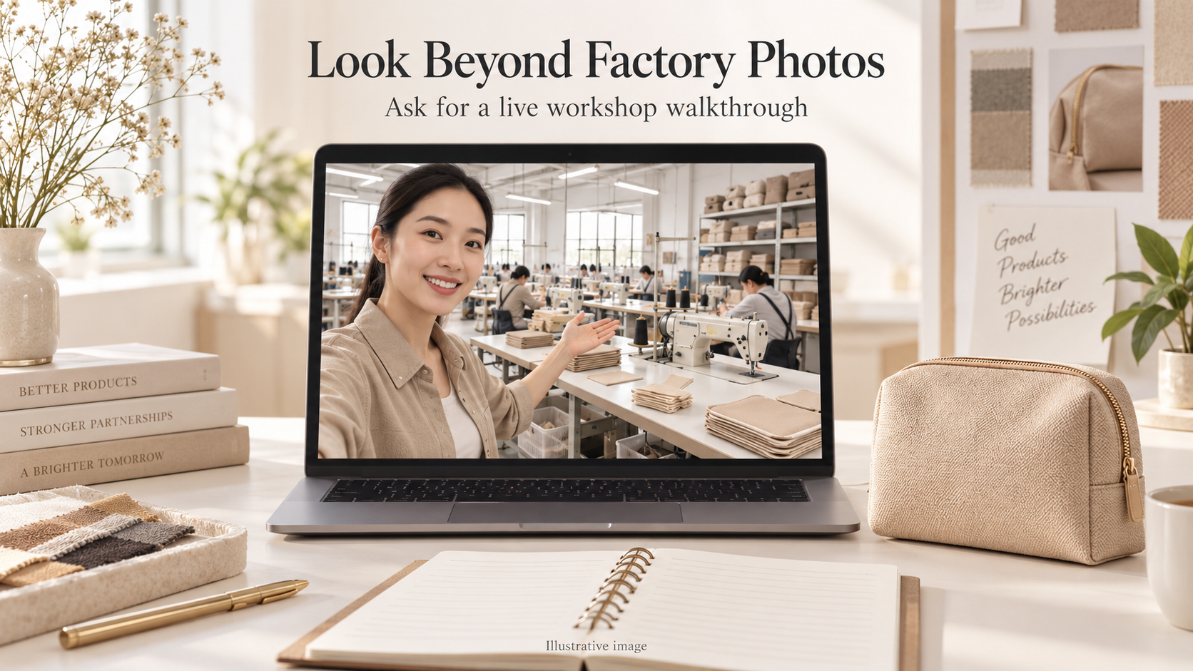 Illustration of a laptop showing a live cosmetic bag workshop walkthrough beside a beige pouch