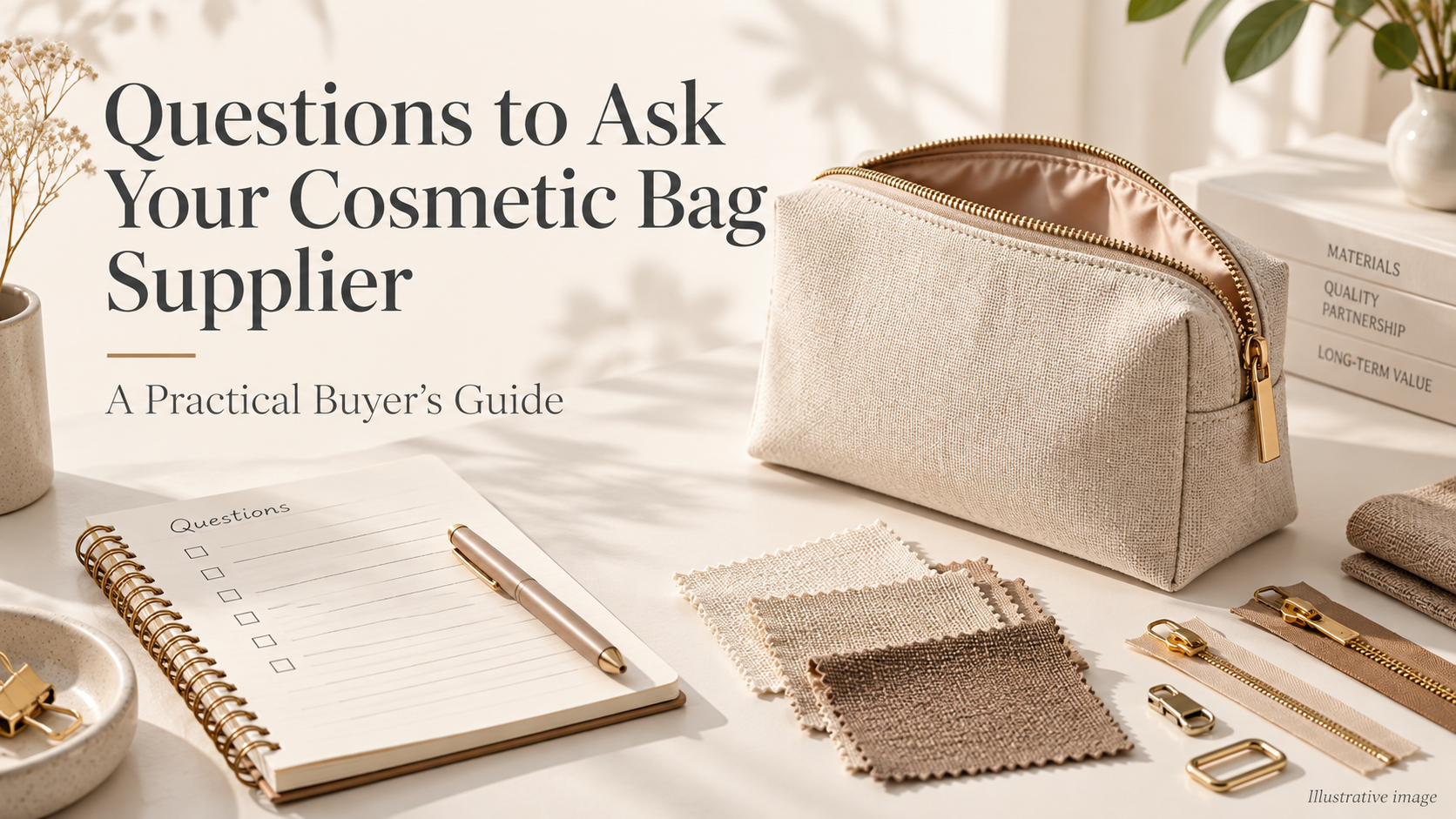 Beige cosmetic bag beside fabric swatches, zipper components, and a supplier questions notebook