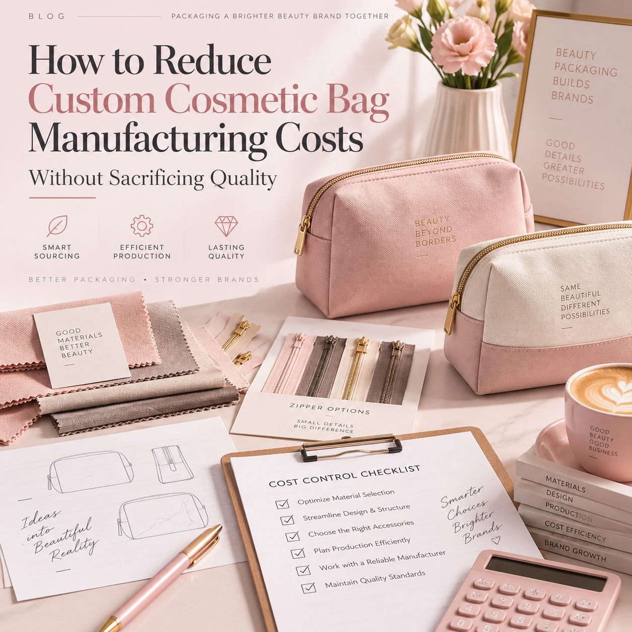 How to reduce custom cosmetic bag manufacturing costs without sacrificing quality cover image with cosmetic bag samples and cost checklist