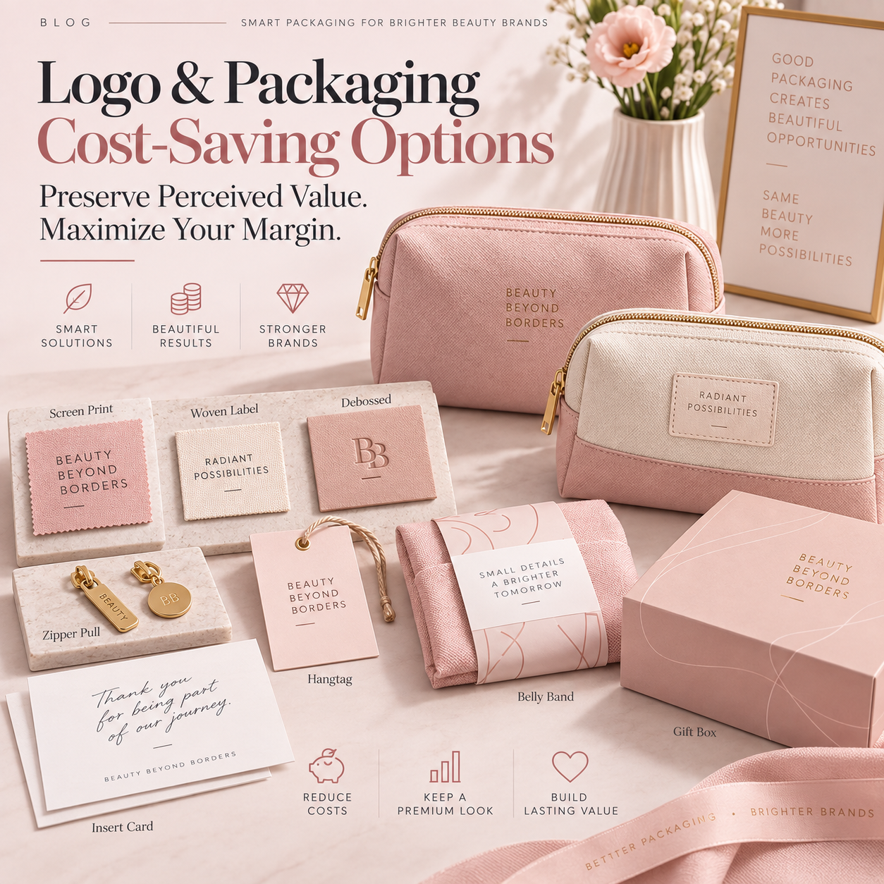 Cosmetic bag logo and packaging cost saving options for beauty brands without lowering perceived value