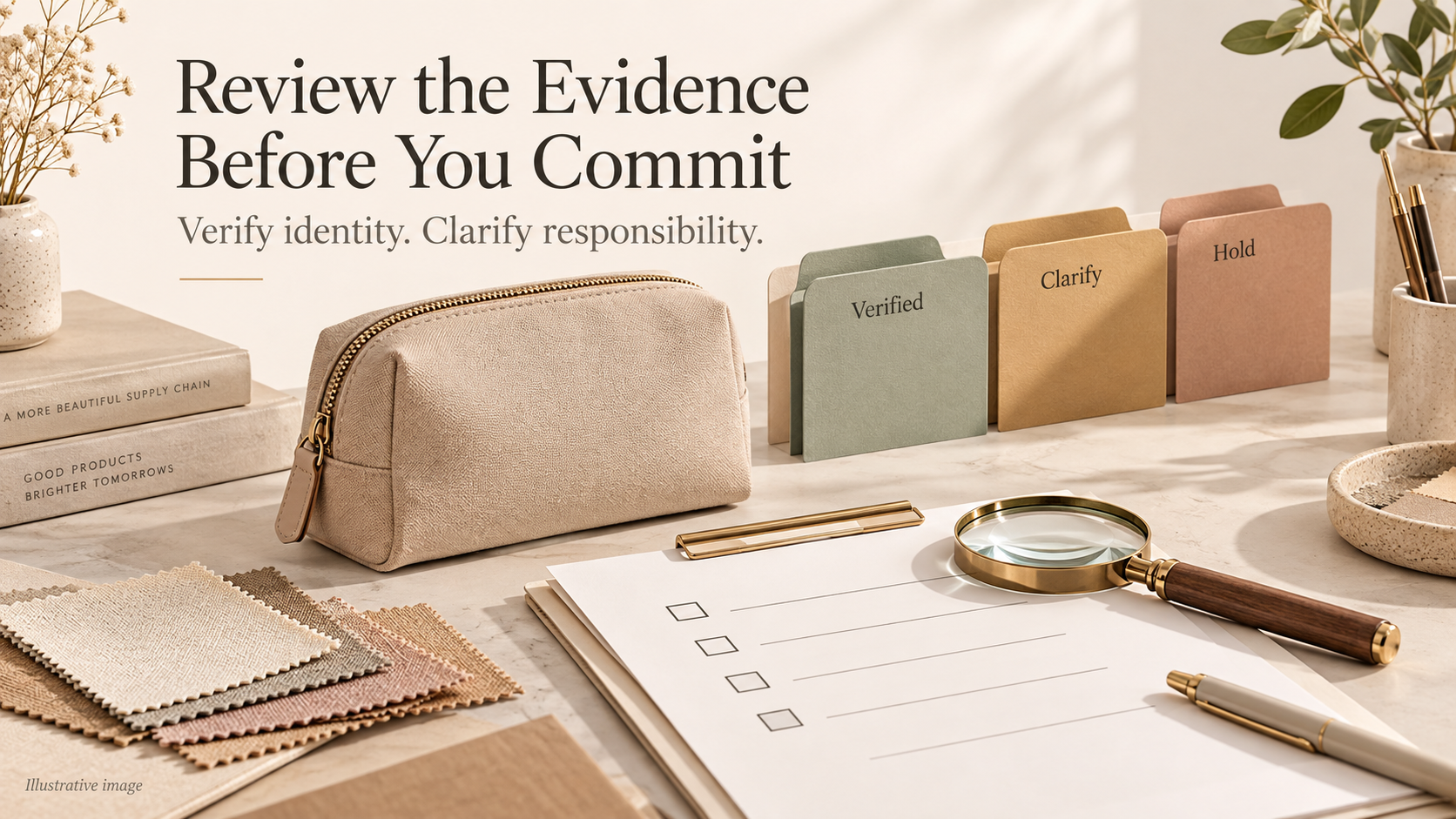 Illustration of supplier review folders labeled Verified, Clarify, and Hold beside a cosmetic bag and checklist