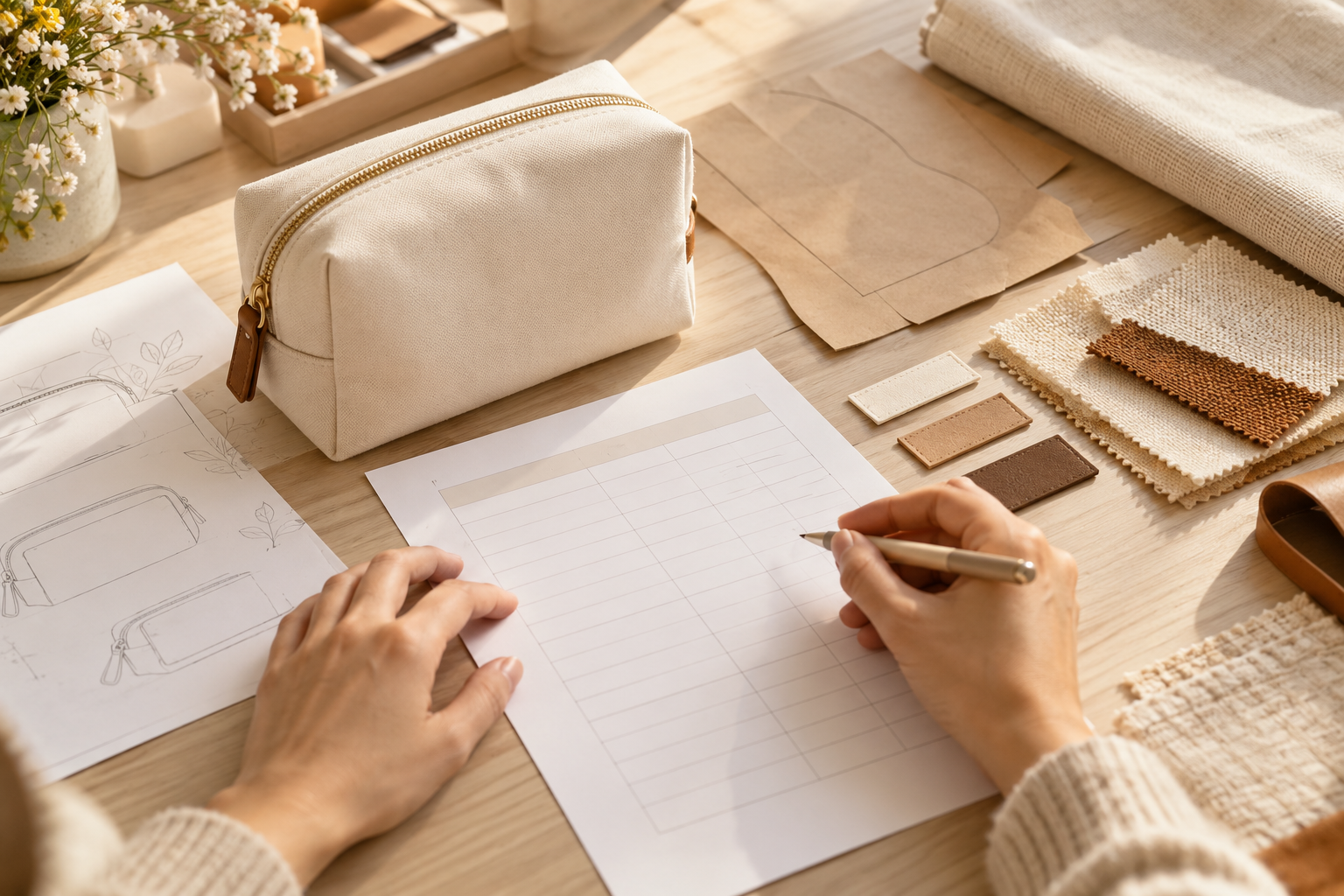 buyer-reviewing-a-first-order-budget-worksheet-beside-a-cosmetic-bag-sample-logo-labels-and-development-patterns.
