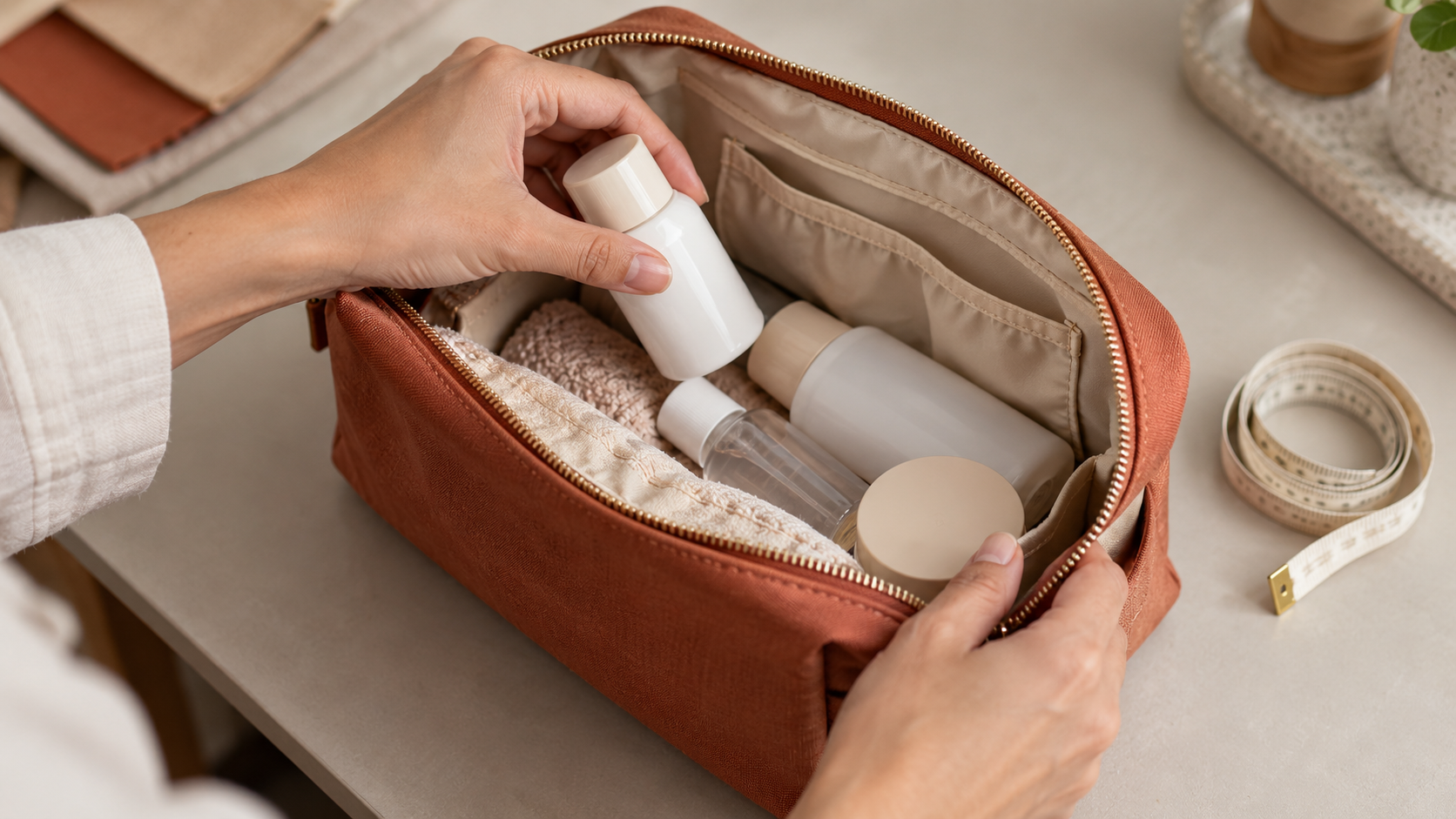 Hands checking how travel skincare containers fit inside an open cosmetic bag with interior pockets
