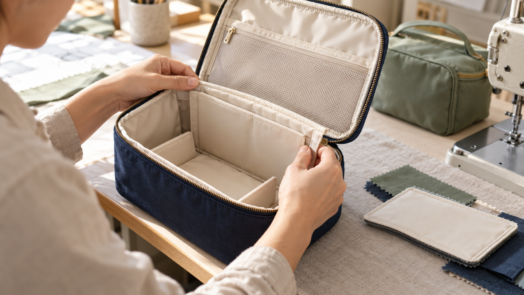 Sample maker checking the cream lining and padded divider inside a navy cosmetic organizer beside a sewing machine