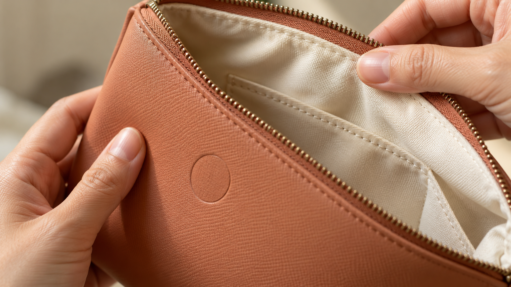 Close-up of a cosmetic pouch showing its textured exterior, circular debossed mark, cream lining, and zipper