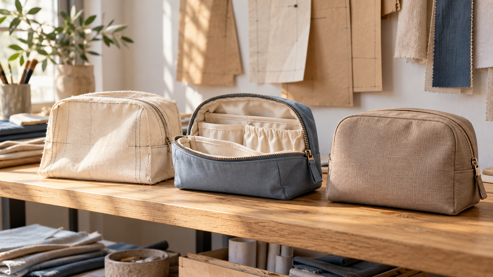 Muslin cosmetic bag mockup, open blue functional prototype, and finished taupe pouch displayed on a wooden shelf