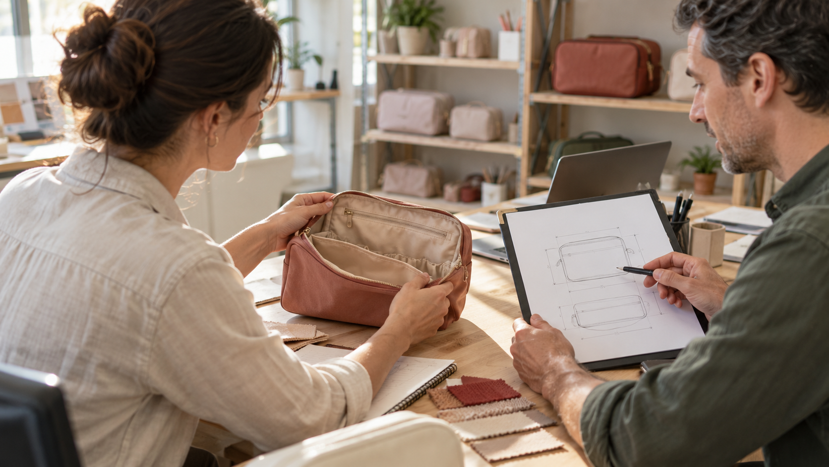 Two people reviewing an open cosmetic bag sample and a dimension sketch in a product development studio