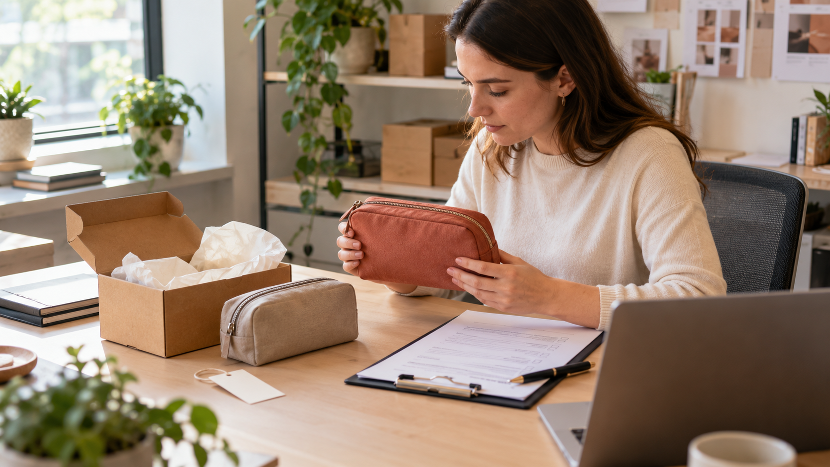 Buyer reviewing cosmetic pouch samples beside a kraft retail box, hangtag, and quotation checklist