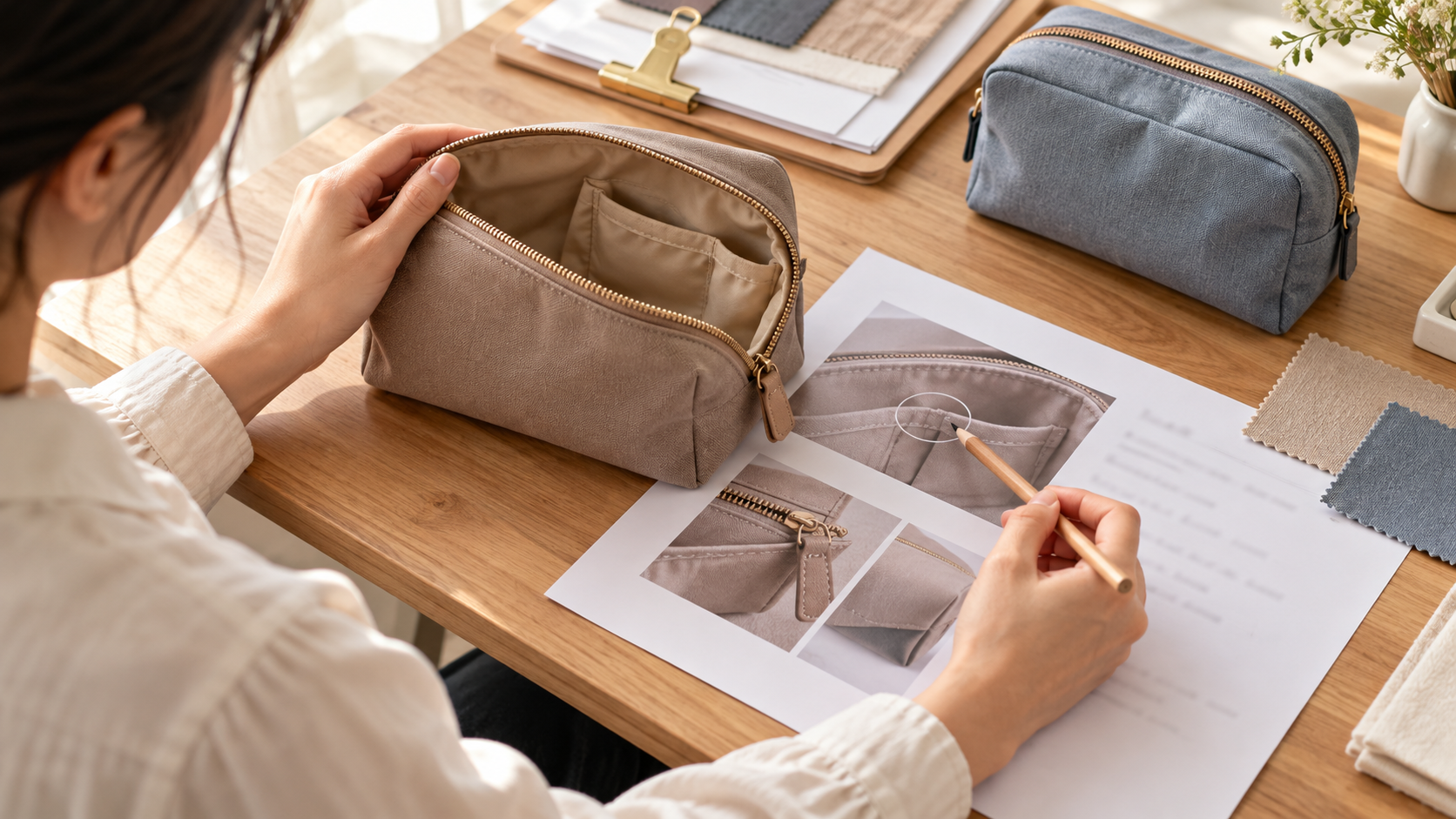 Reviewer comparing a taupe cosmetic bag sample with printed detail photos and marking an interior pocket revision
