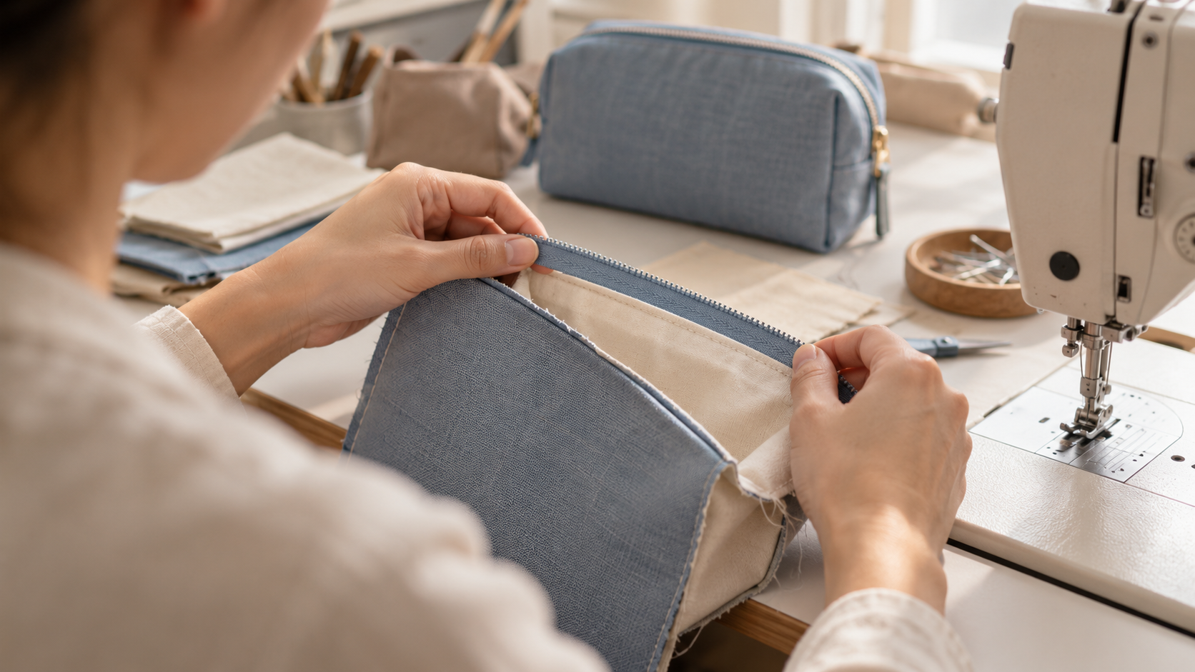 Hands aligning zipper tape with blue cosmetic bag fabric and cream lining beside a sewing machine