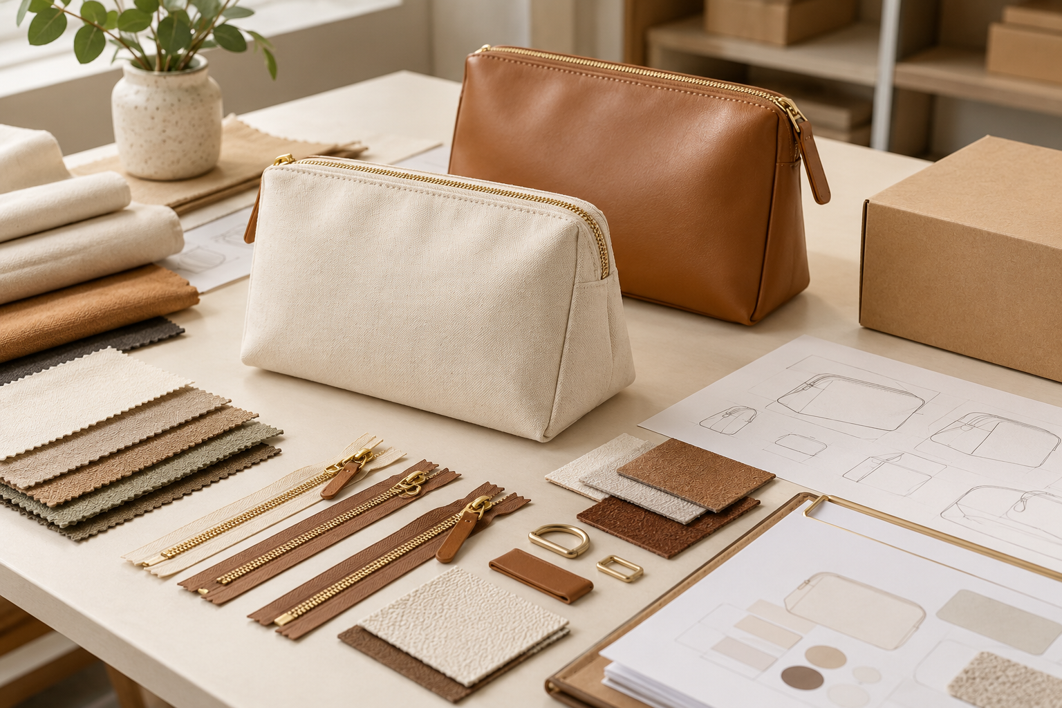 cosmetic-bag-samples-with-fabric-swatches-zipper-components-packaging-boxes-and-quotation-documents-on-a-beige-desk.