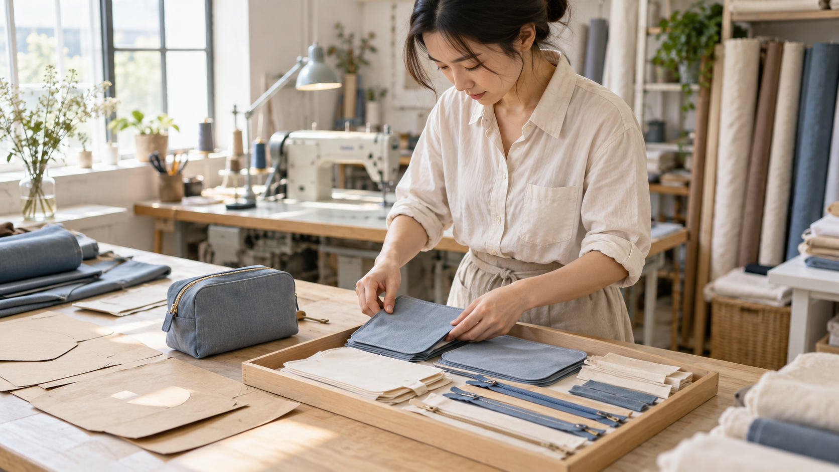 Sample maker organizing blue fabric panels, cream lining pieces, and zippers beside cosmetic bag patterns